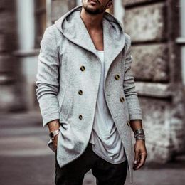 Men's Trench Coats Men Double-breasted Coat Winter Stylish Hooded Mid Length Solid Color Soft For Fall/winter