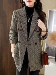 Women's Wool Blends Coats for Women Autumn Winter Houndstooth Lapel Double Breasted Woolen Long Sleeve Top Outerwears Blazer Jackets Women Clothing 230927