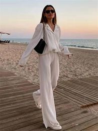 Women's Two Piece Pants wsevypo Women Pleated 2 Piece Pants Sets Spring Summer Streetwear Long Sleeve Button Down ShirtStraight-Leg Pants Loose Outfits 230927