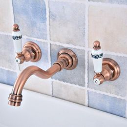 Bathroom Sink Faucets Modern Basin Set 3 Hole Antique Red Copper Double Handle Wall Mounted Faucet Cold Tap Zsf524