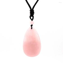 Pendant Necklaces Natural Rose Pink Quartz Water Drop Stone Healing Crystal Reiki Adjustable Long Black Chain Necklace For Women