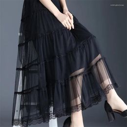 Skirts Long Tulle Skirt Women 2023 Spring Summer Elastic High Waist A-Line Mesh Pleated Puffy Female Elegant Lace Midi