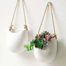 Vases Simple Wall mounted Hanging Basket Flower Pot Ceramic Dried Vase Creative Arrangement Green Plant Wall Hangings 230928