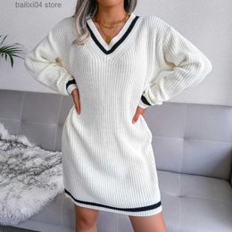 Basic Casual Dresses Ficusrong Fashion V Neck Full Sleeve Solid Sweater Dress Women Fall Winter All Match Knit Dresses T230928