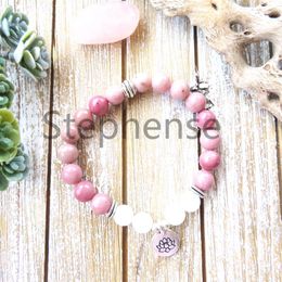 MG0633 A Grade Rhodonite Women's Lotus Bracelet Natural Snow Quartz Women's Yoga Bracelet Trendy Design Heart Chakra Mala Bracelet316S