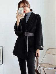 Womens Wool Blends Vintage Black Blazer Coat Women Autumn Winter Fashion Suit Jacket Belt Waist Slim Elegant Mid Length Woolen Overcoat 230927