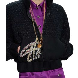 Women's Jackets Women Oversized Brand Tweed Jacket With Letter Beads Pattern Vintage Designer Bomber Coat Girls Milan Runway Long Sleeve Tops Short Outwear WYJA
