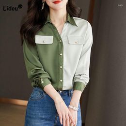 Women's Blouses Office Lady Contrasting Colours Blouse Spring Autumn Clothing Turn-down Collar Patchwork Button Long Sleeve Chiffon Shirt
