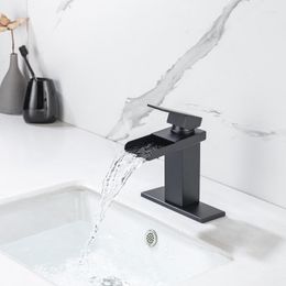 Bathroom Sink Faucets Matte Black Waterfall Basin Faucet Cold Water Mixer Tap Deck Mount Single Handle One Hole Full Brass