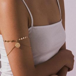 Link Chain Fashion Coin Sequin Upper Arm Link Bracelet Cuff Charms Bracelets Gold Color Bangles Armband For Women Girl Party Jewe302w