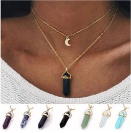 Bohemia Hexagonal Column Quartz Moon Choker Necklace Fashion Natural Stone Bullet Crystal Pendant Necklace For Women Jewellery