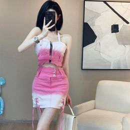 Work Dresses Summer Pink Gradient Denim Two Piece Set Women Outfits Sexy Backless Camisole Bodycon Skirt Suits Female Clothing