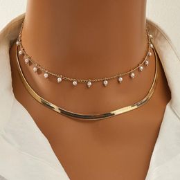 Choker Double Layer Bead Necklace For Women Chain Gold Color Metal Jewelry Gift