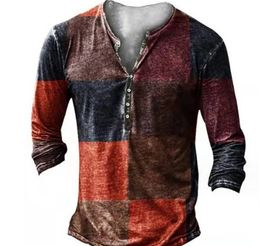 DIY Clothing Customized Tees & Polos Multicolored plaid pattern Fashion Men's Loose Sleeve 7 Button Top T-shirt