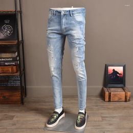Men's Jeans Fashion Brand Mens Hole Ripped Stretch Korean Slim Fit Pencil Pants Printed Vintage Washed Long Trousers High Street