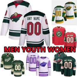 Camisas De Hóquei Personalizadas ''Wild''Mens 97 Kirill Kaprizov 26 Connor Dewar 21 Brandon Duhaime 14 Joel Eriksson Ek 17 Marcus Foligno 89 Frederick Gaudreau Goligoski