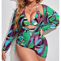 Women's Swimwear High Waist Women 3 Piece Bikinis Set Sexy Push Up Printed Summer Swimsuits Beachwear Long Sleeve Cover Ups Bathing Suit