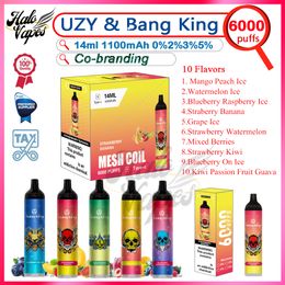 Original UZY Bang King 6000 Puff Disposable Vape Pen 14ml Pre-filled Pods 850mAh Rechargeable Battery New Packing 10 Flavours 0% 2% 3% 5% Level Puffs 6k Electronic Cigarette