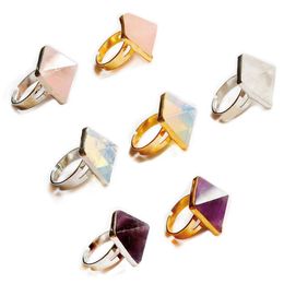 Natural Stone Crystals Adjustable Size Aura Rings Inlaid Quartz Pyramid Creative Big Ring European American Fashion Charm Reiki He209W