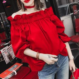 Women's Blouses VOLALO Off Shoulder Tops 2023 Summer Fashion Casual Slash Neck White Black Red Lantern Sleeve Loose Ruffle Women
