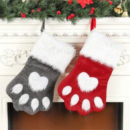 18inch Pet Dog Cat Paws Plush Christmas Stocking Ornaments Plush Xmas Gift Bags Red Hanging Fireplace Family Holiday Christmas Decorations