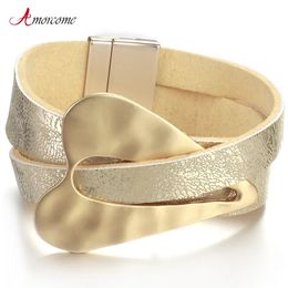 Bangle Amorcome Champagne Gold Color Metal Heart Charm Leather Bracelets for Women Fashion Wide Wrap Bracelet Female Couple Jewelry 230928