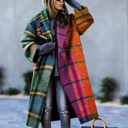 Women's Wool Blends Autumn Women's Woollen Coats and Jackets Women Colour Chequered Printed Long Sleeve Polo Long Coats 230927
