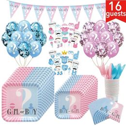 Party Decoration Gender Reveal Deco Supplies Disposable Tableware Set Pink blue Boy Or Girl Paper Plates Cups For DIY Baby Shower 199O