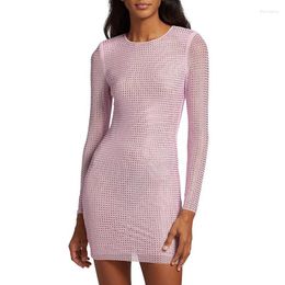 Casual Dresses Fashion Sequins Women Dress Long Sleeve O Neck Mini Bodycon Vestidos Sexy See Through Party Clubwear Mesh Pink