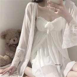 Women's Sleepwear Plus Size 4XL 150KG Autumn Women Sleep Dress White Colour Chiffon Nightdress Two Pieces Long Sleeve Home Wear Sweet