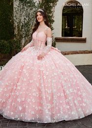 Pink Beaded 3D Butterflies Quinceanera Ball Gown Gillter Floral Corset Bodice Long Sleeve Prom vestido 15 quinceaneras