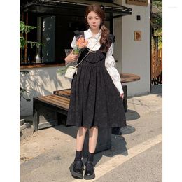 Casual Dresses Large Size Women's Shirt Two-Piece Korean Style Ruffled Solid Colour Rhinestone Suspender Dress