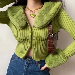 Women's Sweaters Autumn Winter Knitted Sweater Women Short Slim-fit Long-sleeved Warm Detachable Rabbit Fur Collar Cardigan Crop Top J230928