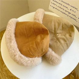 Stingy Brim Hats Bucket Women Thicken Keep Warm Velvet Lovely Casual Outdoor Simple Loose Sweet Girls Basic Basin Caps Korean Stylish Winter 230916