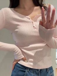 Women's T-Shirt Hollow Out Pink Long Sleeve T-Shirt Summer Round Neck Buttons Cotton Slim Sexy Top for Woman Vintage Sweet Cute y2k Tops Chic 230927