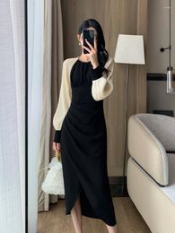 Casual Dresses Black Beige Patchwork Split Midi Dress Woman Autumn Elegant O Neck Fashion Dinner Party Festive Female Commuter Office