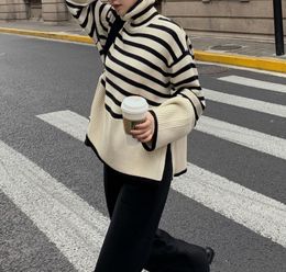 Design Sensation Blast Street Black and White Stripe Sweater for Women- Autumn/Winter New Loose Outerwear Slouchy High Neck Knit