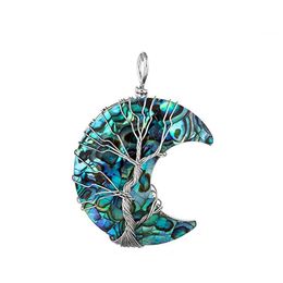 Fashion Pendants Silver Colour Tree of Life Wire Wrap Natural Abalone Shell Moon Pendant 5 Pieces180W