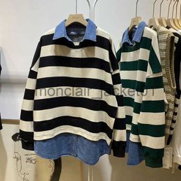 Women's Hoodies Sweatshirts Extra Large Size Spring and Autumn Contrast Color Striped Sweater Women's Loose and Idle Mid-Length Denim Hem Patchwork Top J230928