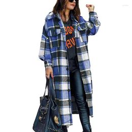 Women's Trench Coats 2023 Vintage Casual Plaid Coat Side Slit Woollen Long Jacket Women Street Fashion Outerwears