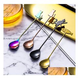 Spoons Ice Cream Spoon 304 Stainless Steel Coffee Stirring Scoop Cute Cat Fish Decor Long Handle Scoops Water Drop Shape Creative Sn Dhe2S