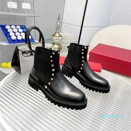 2023-Boot Luxury designer Woman heeled short booty ankle boot black leather studded designer 20mm low heel round toe rubber sole platform