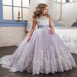 Beautiful Purple and White Flower Girls Dresses Beaded Lace Appliqued Bows Pageant Gowns for Kids Wedding Party Dresses For Girl2584