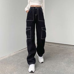 Woman Pockets Patchwork Baggy Jeans Fashion Streetwear Cotton Women Denim Trouser Loose Cargo Pants Korean Jeans Harajuku