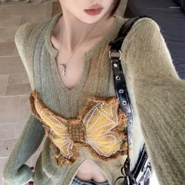 Women's Sweaters 2023 Autumn For Women Crop Tops Vintage Korean Retro High Street Butterfly Embroidery Patch Sweater Knit Pullover