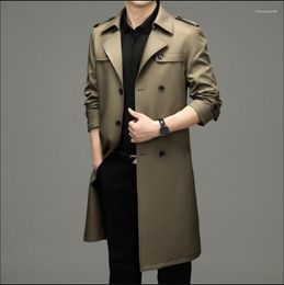 Men's Trench Coats Spring Polyester Fabrics Men Long Coat Over Knee Double Breasted Solid Color Business Casual Menswear Trend Clothing