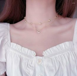 Choker Style Gold Plated Double Layer Heart Necklace Shining Zircon Charm Lady Clavicle Chain Elegant Bride Wedding Pendant Jewellery