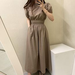 Work Dresses Clothland Women Elegant Short Khaki Two Piece Set Sleeve Crop Top Blouse Split Midi Skirt Summer TA002