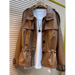 Women's Leather Korean Jacket Spring Autumn Pure Colour Waist Frenulum Outerwear Female Casual Loose Long Sleeve Coat