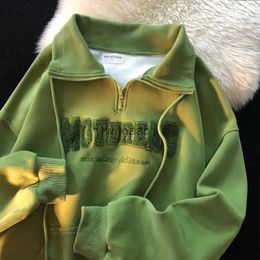 Women's Green Vintage Zipper Draw String American Hiphop Women Long Sleeve Pullover New Spring Loose Ins Thin High Top YQ230928